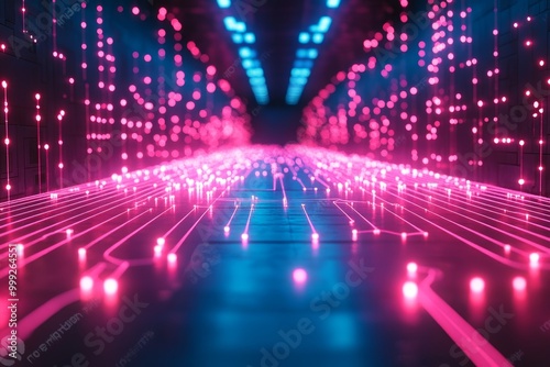 Vivid neon circuitry sprawling across a dark void, lines glowing intensely in electric blue and vivid pink, suggesting an advanced digital world