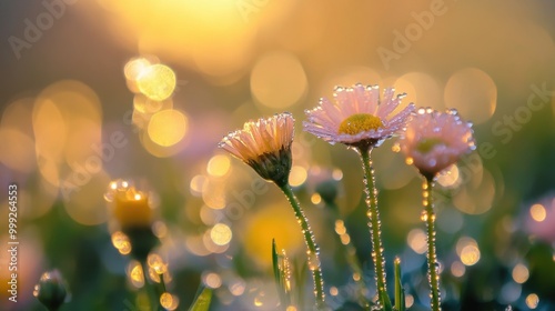 A close-up of dew-covered flowers in a vibrant field, offering a refreshing background with room for text.