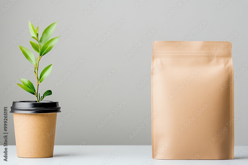 A potted plant beside a brown package on a minimalist tabletop, showcasing eco-friendly packaging and natural beauty. A potted plant beside a brown package on a minimalist tabletop, showcasing eco-friendly packaging and natural beauty.