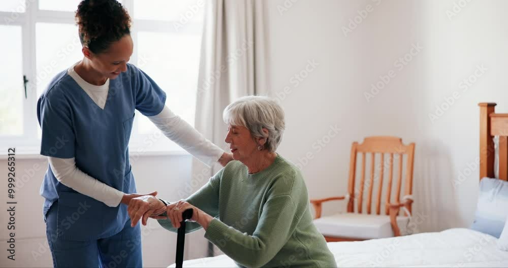 Caregiver, senior woman and help in bedroom at nursing home with cane for walking. People, nurse and pensioner in conversation at retirement house for support, care and healthcare with smile