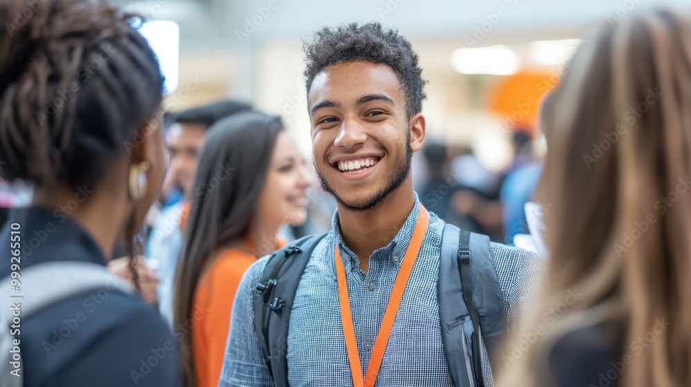 4. A group of college students networking at a career fair. 4. A group of college students networking at a career fair.