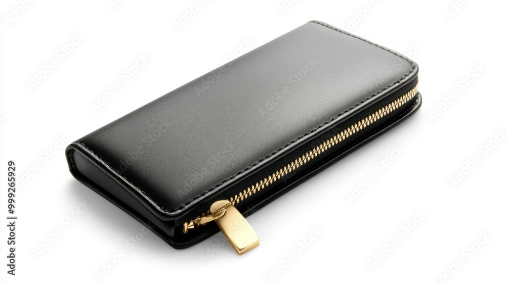A sleek black leather lady's wallet with a gold zipper, isolated on a white background A sleek black leather lady's wallet with a gold zipper, isolated on a white background