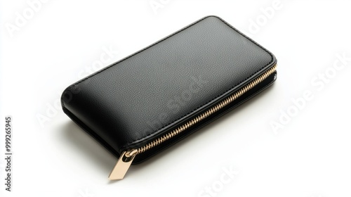 A sleek black leather lady's wallet with a gold zipper, isolated on a white background