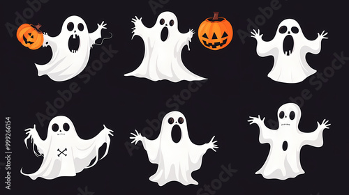 Halloween characters horror vector set design. Halloween character like grim reaper, ghost, pumpkin and Frankenstein.