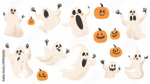 Halloween characters horror vector set design. Halloween character like grim reaper, ghost, pumpkin and Frankenstein.