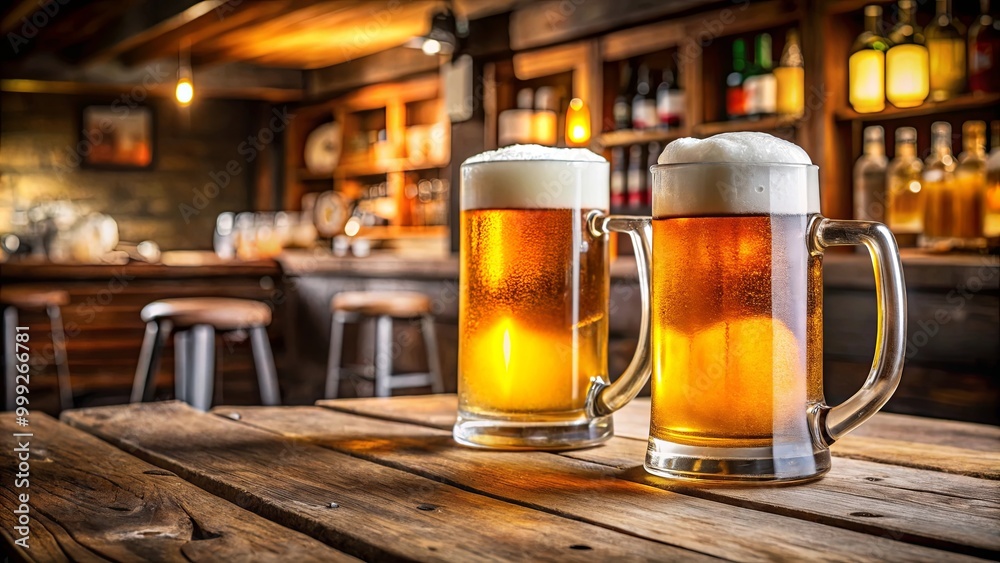 Two Frothy Beers Rest on a Rustic Wooden Table in a dimly lit bar setting Two Frothy Beers Rest on a Rustic Wooden Table in a dimly lit bar setting