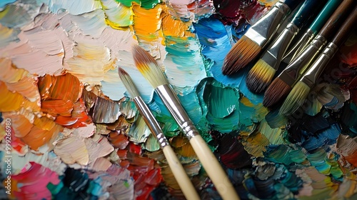 Closeup of a painter s palette overflowing with a vibrant explosion of colors complemented by paintbrushes resting nearby capturing the boundless creativity and imagination of the process