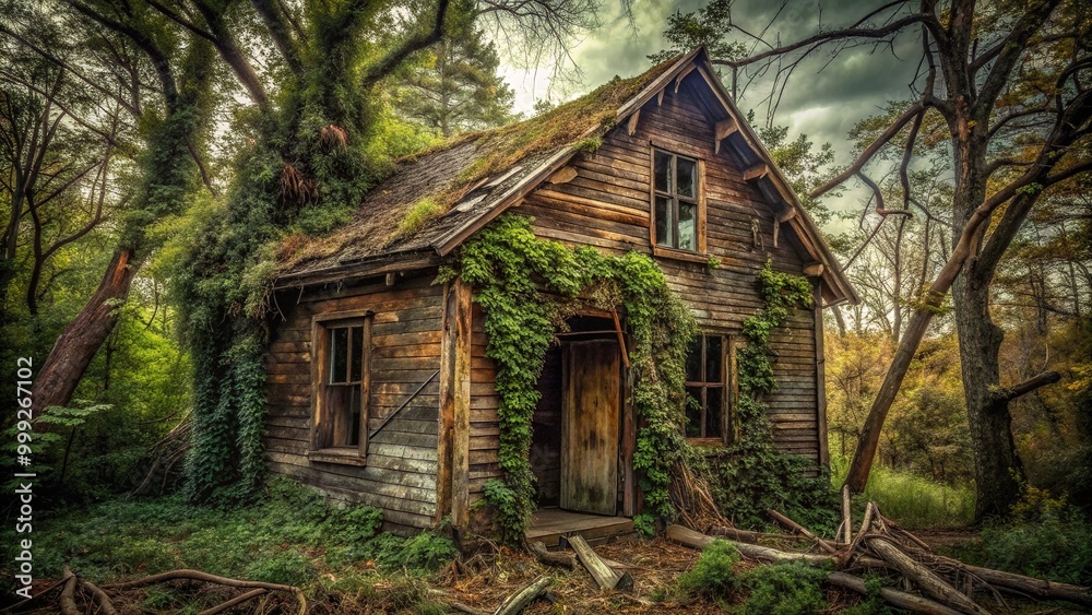 Creepy, abandoned cabin surrounded by overgrown trees and twisted vines, with broken windows and a worn wooden door creaking in the wind. Creepy, abandoned cabin surrounded by overgrown trees and twisted vines, with broken windows and a worn wooden door creaking in the wind.