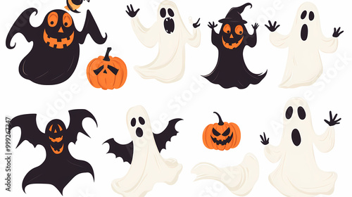 Halloween characters horror vector set design. Halloween character like grim reaper, ghost, pumpkin and Frankenstein.