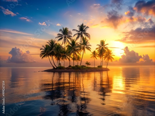 Tranquil Island Dawn with soft natural light casting a warm glow on the misty atmosphere, palm trees, and the still ocean, meeting the seemingly endless horizon.