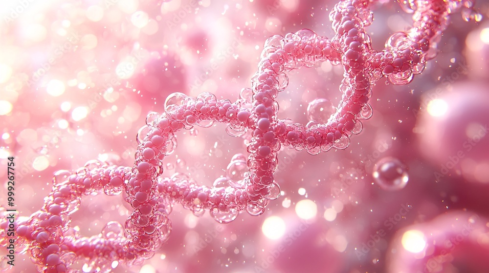 Pink DNA strands and bubbles intertwining in a soft 3D background, reflecting gentle light Pink DNA strands and bubbles intertwining in a soft 3D background, reflecting gentle light