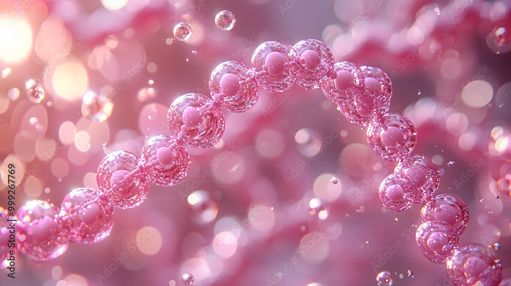 A close-up view of a glowing pink DNA strand surrounded by bubbles in a softly lit, calm environment A close-up view of a glowing pink DNA strand surrounded by bubbles in a softly lit, calm environment