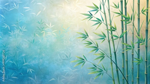 Delicate bamboo stalks sway gently against a soft, gradient blue background, surrounded by subtle organic textures and minimalist vector elements in a calming atmosphere.