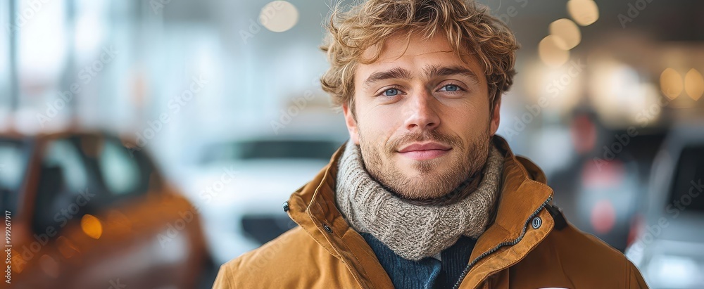 grown man casually holding a coffee cup while selecting a car in a bright auto showroom radiating a sense of excitement and anticipation in a modern purchasing environment grown man casually holding a coffee cup while selecting a car in a bright auto showroom radiating a sense of excitement and anticipation in a modern purchasing environment