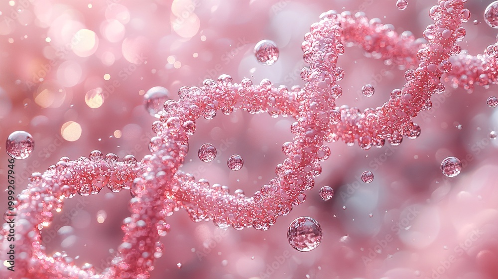 Fototapeta premium Pink DNA strands intertwined with floating bubbles, creating a soft, dreamy effect
