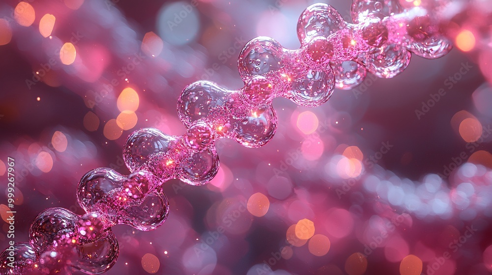 A glowing pink DNA strand, illuminated by the surrounding bubbles softly reflecting light A glowing pink DNA strand, illuminated by the surrounding bubbles softly reflecting light