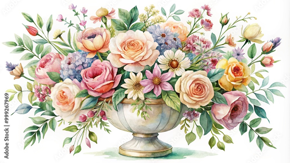 custom made wallpaper toronto digitalDelicate watercolor illustration of a beautiful bouquet of mixed flowers in a vintage-inspired vase, set against a soft, creamy white background.