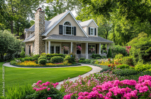 an elegant home with large windows, a front porch, and colorful flower beds in the yard. The house is beige-colored with white trim