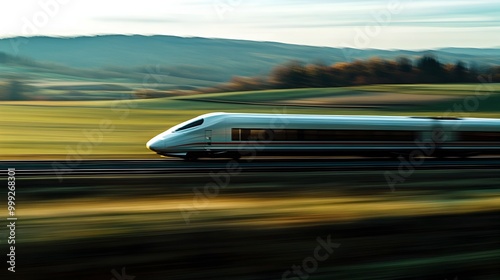 High Speed Train Zipping Through Pastoral Rolling Hills and Fields Blurring Motion Conveying Velocity and Modern Design