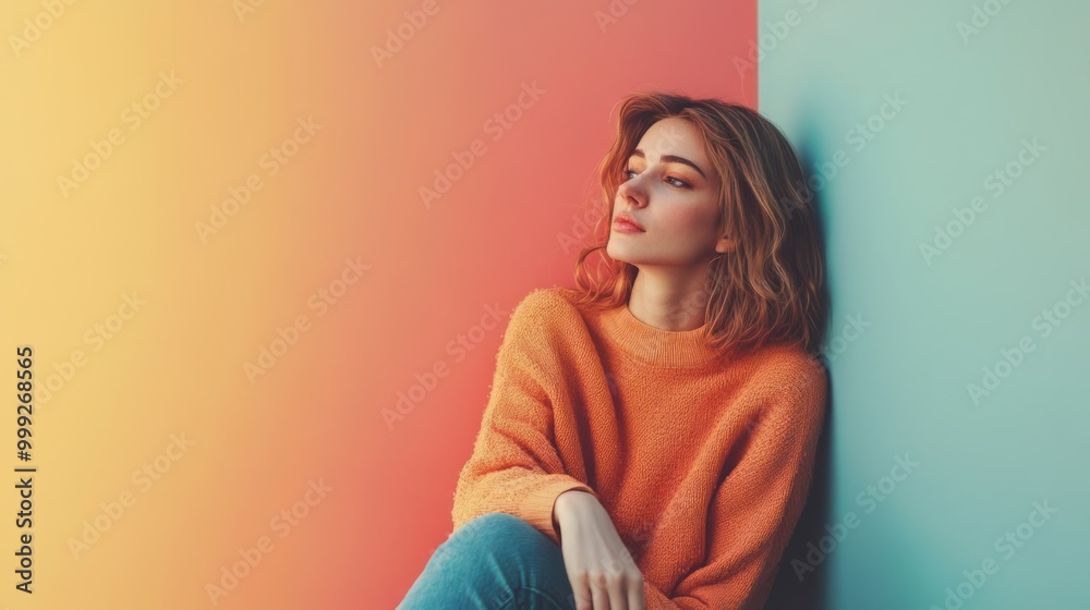 Obraz premium Young Pensive Woman in Warm Tone Setting with Copy Space