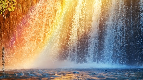 Breathtaking close up shot of a waterfall with sunlight creating a mesmerizing rainbow effect surrounded by colorful mist that enhances the magical and serene atmosphere of the natural landscape