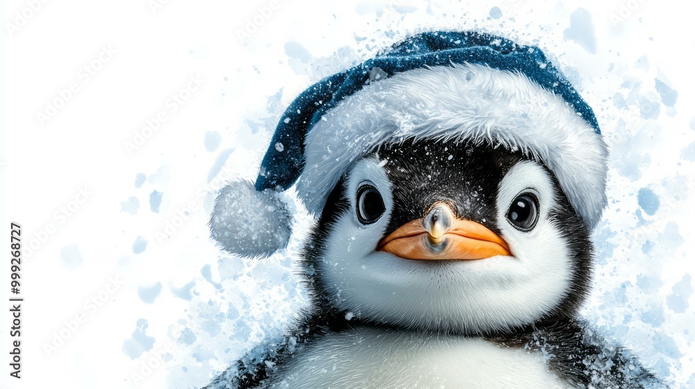 Naklejka premium Cute penguin wearing a Christmas hat in a snowy environment, white isolated background.