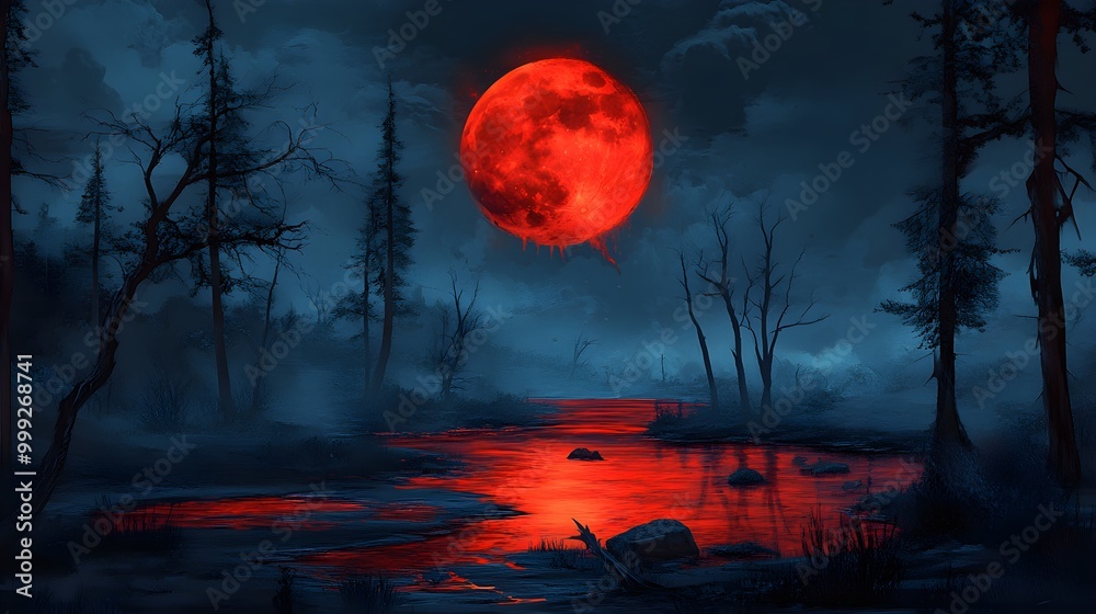 Terrifying spooky night with red moon Terrifying spooky night with red moon