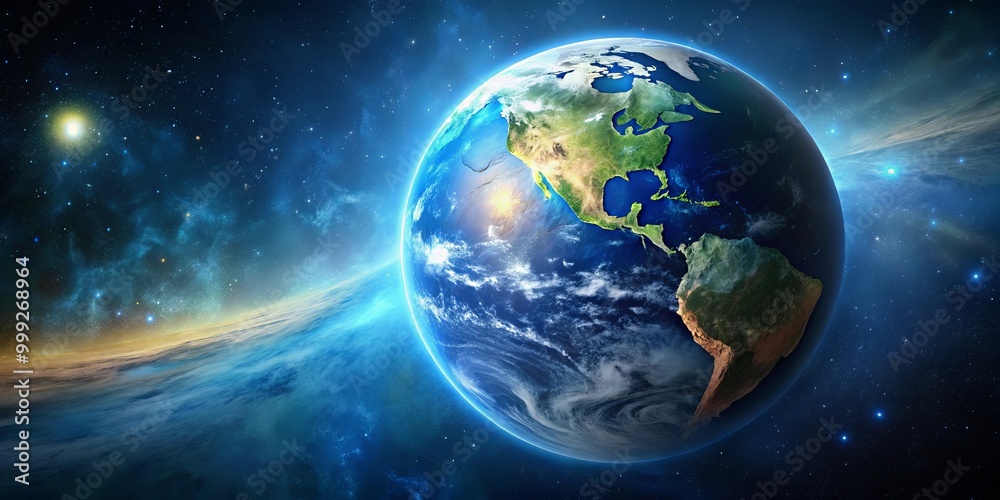 A celestial perspective of Earth, a vibrant blue sphere with continents and clouds, amidst a backdrop of shimmering stars and a swirling nebula. A celestial perspective of Earth, a vibrant blue sphere with continents and clouds, amidst a backdrop of shimmering stars and a swirling nebula.