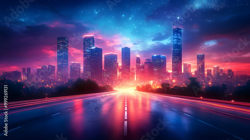 Cityscape Night Drive with Neon Lights & Stars