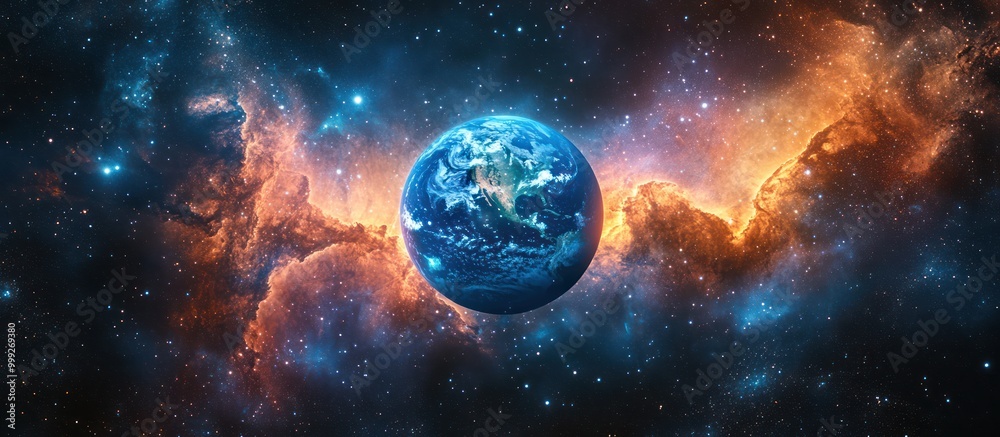 Obraz premium A mesmerizing view of planet Earth from space, surrounded by vibrant cosmic nebulae.