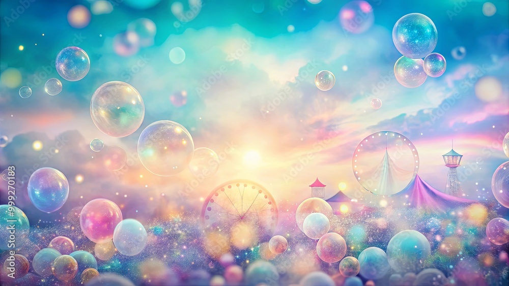 A Dreamy Landscape of Floating Bubbles, a Ferris Wheel, and a Tower Against a Pastel Sky A Dreamy Landscape of Floating Bubbles, a Ferris Wheel, and a Tower Against a Pastel Sky