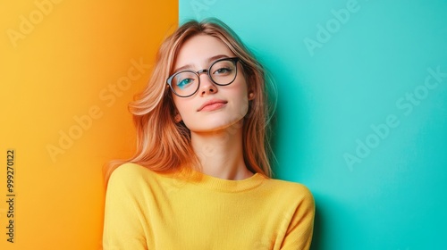 Confident and Cheerful Blond Woman Wearing Glasses in Colorful Studio Setting