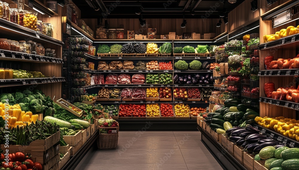 Fototapeta premium Grocery Store Produce. Fresh Produce Section. Farmers Market Stall. Colorful Fruits and Vegetables. Complete grocery store.