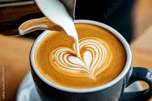 Barista pouring milk into a latte, creating beautiful latte art in the shape of a heart, with the steam rising from the cup in a coffee shop setting photo