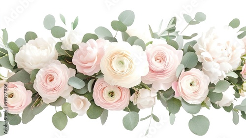 Classic pink roses, white peonies, blush pink ranunculus, eucalyptus, sage greenery spring wedding bouquet. Horizontal banner. Watercolor summer flowers.it 