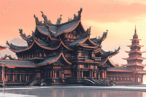 An intricate, multi-tiered pagoda with a rich wooden facade stands against a backdrop of a vibrant sunset sky.