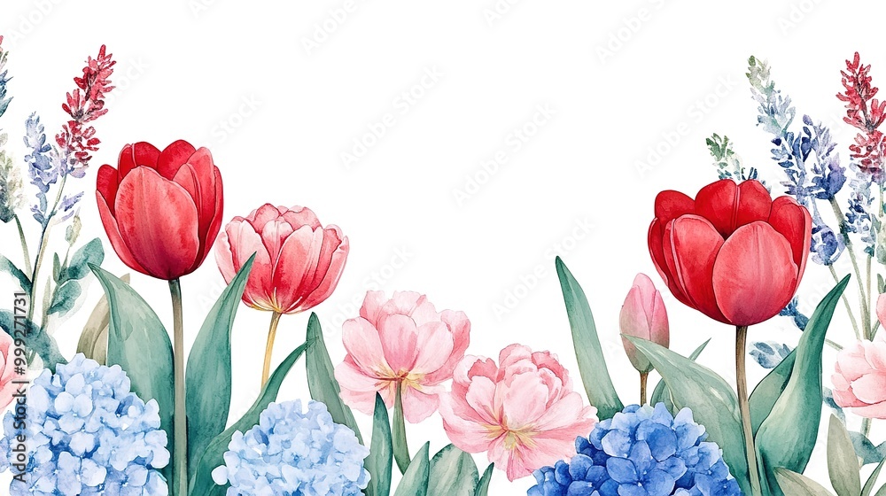 Naklejka premium Colorful red tulips, peonies, hyacinths, hydrangeas, pink roses design horizontal card. Wedding greenery. Green, blue, red, white tones. Watercolor banner card. Summer style