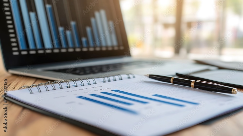 A highly detailed image featuring a sleek laptop displaying data on its screen, accompanied by a notepad and a pen positioned neatly beside it. A highly detailed image featuring a sleek laptop displaying data on its screen, accompanied by a notepad and a pen positioned neatly beside it.