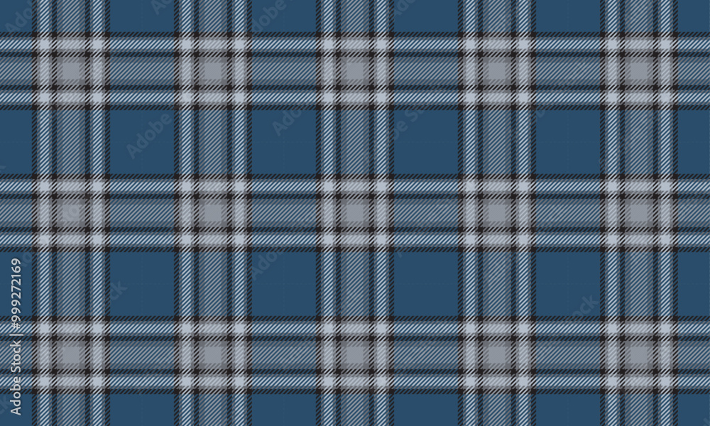 Fototapeta premium Plaid fabric pattern, blue, gray, black, seamless, cool contrasting lines pattern, for textiles, and for designing clothes, skirts, pants or decorative fabrics. Vector illustration.