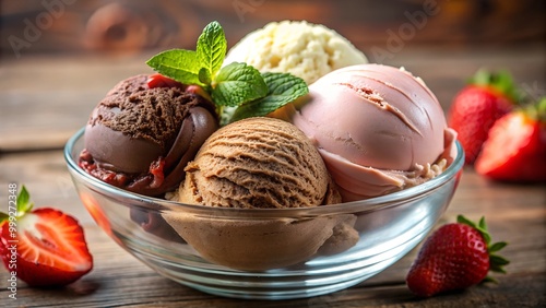 A refreshing close-up of a glass bowl filled with scoops of vanilla, chocolate, and strawberry ice cream