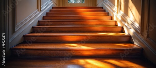 Sunlight streams through a window onto a set of wooden stairs, illuminating the steps with warm light.