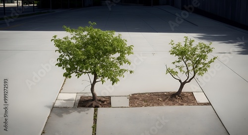 A tree growing out of a concrete sidewalk, symbolizing resilience and hope photo