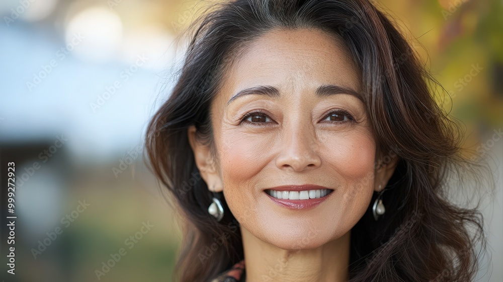 日本の春の温かい笑顔:中年女性の喜びの表情 日本の春の温かい笑顔:中年女性の喜びの表情