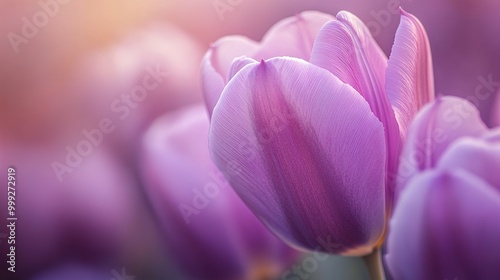 Flower opening close up, soft petals of beautiful purple tulip, nature background. Tulip bouquet, macro shot of spring flowers, blooming purple pink tulips Easter background, romantic, tenderness