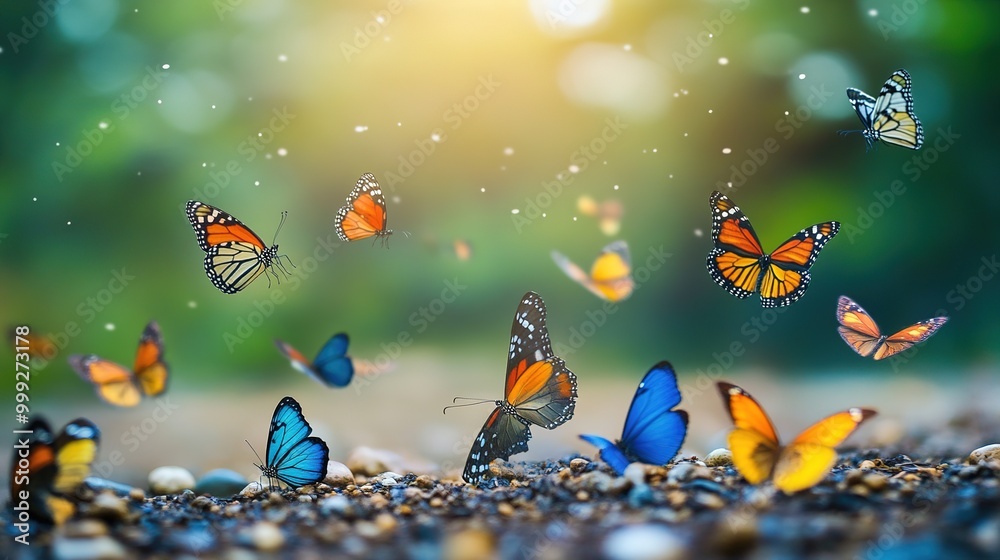 Obraz premium group of colorful butterflies on the ground and flying in the natural forest