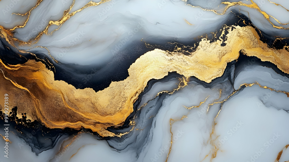 Abstract Art with Black, Gold, and White Swirls