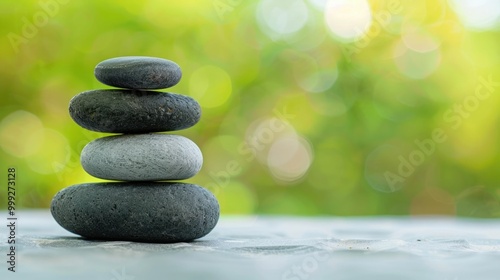 Stacked Zen stones in a harmonious arrangement against a blurred natural background creating a sense of balance calm and mindfulness  This image evokes a peaceful serene and contemplative atmosphere