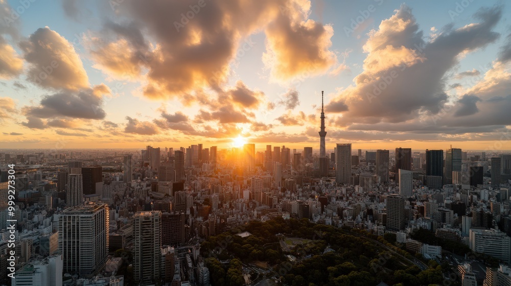 Obraz premium 夕暮れ時の東京の近代的なスカイライン - 都会の静けさと建築の驚異