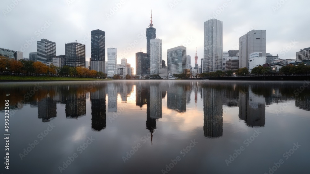 Naklejka premium 春の静かな水面に映る東京の近代的なスカイライン