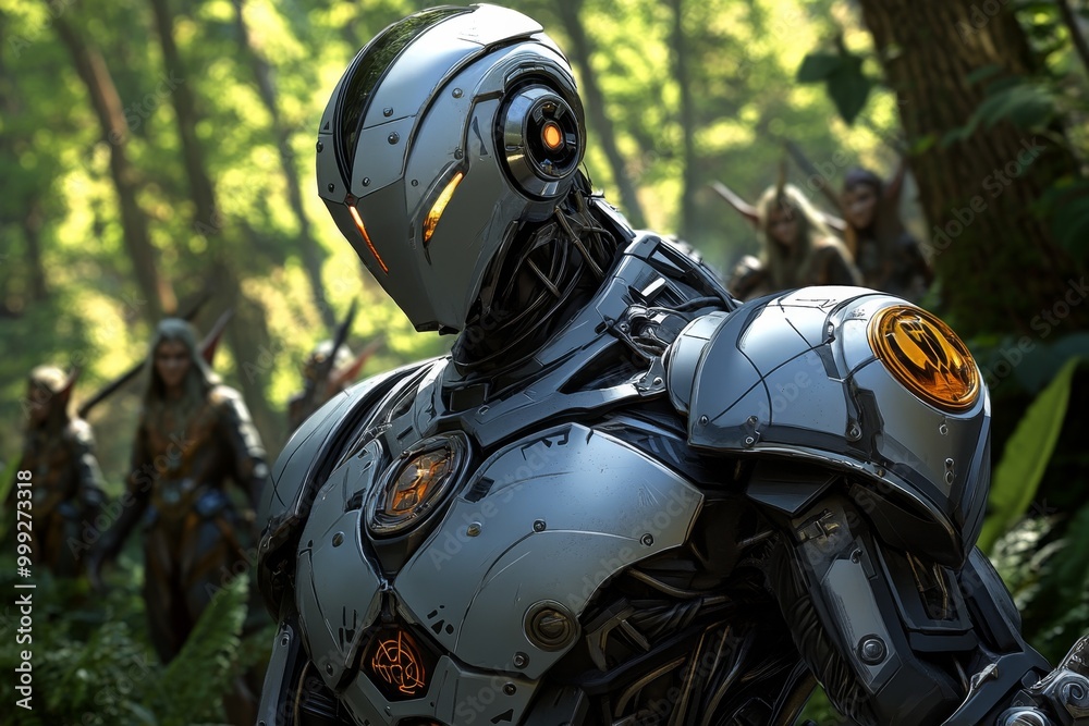 Fantasy world where robots and mythical creatures coexist, with a robotic guardian protecting a village of elves, blending magic and advanced robotics Fantasy world where robots and mythical creatures coexist, with a robotic guardian protecting a village of elves, blending magic and advanced robotics